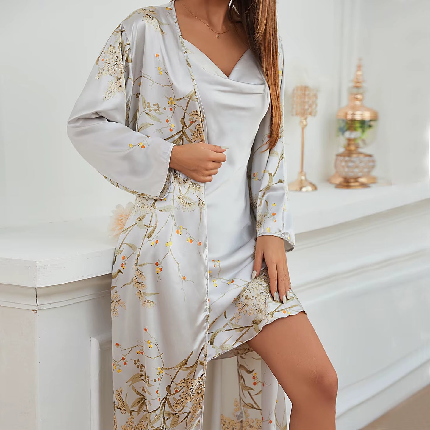 Women'S Four Seasons Home Furnishing Lace up Pajama Pajama Dresses Two Piece Set Thin Outerwear Medium Length Pajama Set